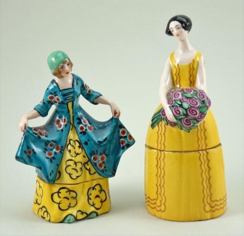 Two glazed china French deco Lady dressing table boxes, 1920s,