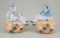 Glazed china Pierrot and Pierrette dressing table boxes, 1920s,