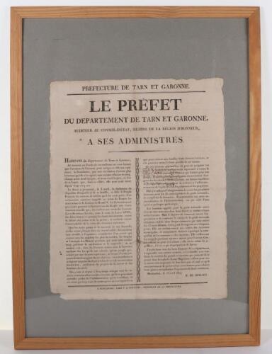 Unusual Original "Poster" Le Prefect du Department de Tarn et Garonne B.du Molart, 13 avril 1814