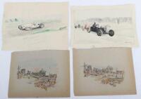 Two Well Executed Motor Racing Watercolours by K.E Whalley and Two World War One Battlefield Scenes