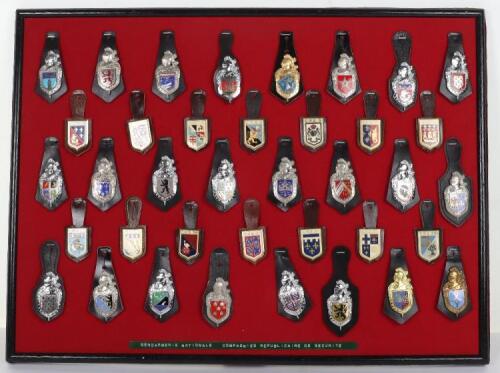 Collection of Obsolete Gendarmerie & CRS Police Nationale enamel badges on leather fobs