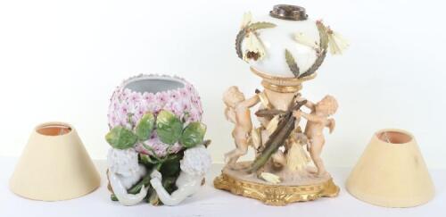 A 19th century Dresden porcelain compote and Moore Brothers lamp