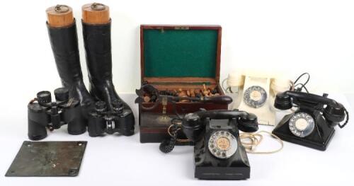 A mixed lot including a paid of leather hunting boots, a quantity of chess pieces including stained bone in box