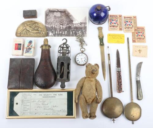 A mixed lot including an early glass fire extinguisher, an Edward VII Sandringham game tag for ‘Mrs Mallet’ with acknowledgement to Lord Knollys
