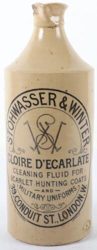 A 19th century stoneware jar ‘Stohwasser & Winter Gloire D’Ecarlate Cleaning Fluid for Scarlet Hunting Coats and Military Uniforms