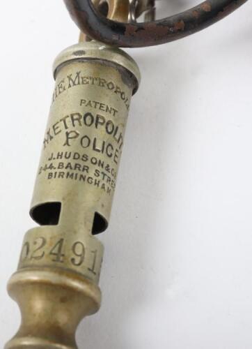 A Metropolitan Police whistle marked ‘The Metropolitan Patent Metropolitan Police J. Hudson & Co 244 Barr Street Birmingham’ numbered 024915