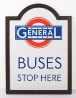 A modern heavy and good quality enamel ‘Buses Stop Here’ sign, in metal frame