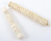 A Chinese 19th century Cantonese carved ivory needle case, with needles within