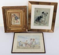 Three pictures including a print of Margaret W Tarrant ‘The Haymakers’, photograph of William Huggins ‘Terrier seated before a canton Famille Rose Vase’