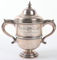 A Wolseley Cyclist Cup Competition silver lidded trophy, C.S. Harris & Sons, London 1907, engraved ‘Presented By The Proprietors of The Daily Telegraph To The Woleley Cyclist Cup Competition Twelth Year 1907 Third Prize, the reverse ‘Won By 1st V.B. (Qs.O