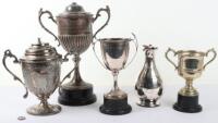 Four silver plated cycling trophies, for The Down Cup 50 Miles to Spencer C.C., 1912, Chiswick District Cycling Club Path Championship 1895 Guy Lewis 1896-, Leicestershire Road Club 1938 12 Hours 218.5 Miles, Worlds Roller Cycling Champion Alfred Robert H