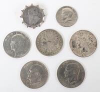 USA Dollar, 1921, 1922, 1972, 2x1976, 1972 Half Dollar, and a mounted South Africa 2 Shillings