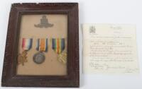 A Poignant Great War Framed Medal Trio to an Artillery Bombadier Who Was Accidently Killed in 1917