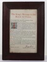 Framed Kings Message to the RAF 1918