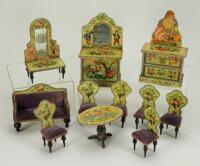 Suite of wooden paper lithographed Dolls House furniture, German 1880s,