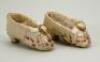 Rare early pair of 19th century ivory cream silk doll shoes,