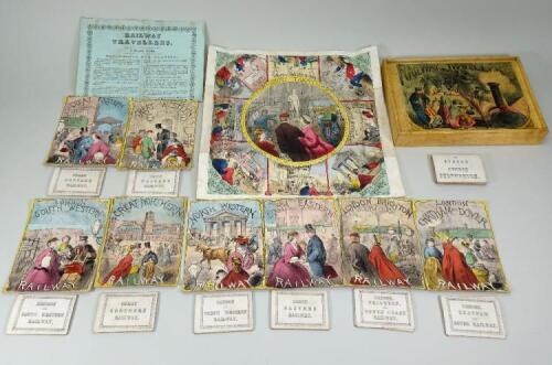 A rare printed and hand painted board game ‘Railway Travellers, A Merry Game’, published by E. & M.A Ogilivy circa 1865,