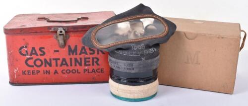 WW2 British Home Front Civilian Gas Mask in Red Metal Storage Tin