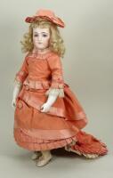 Beautiful early portrait Jumeau bisque shoulder head fashion doll on kid over wood body, French circa 1870,