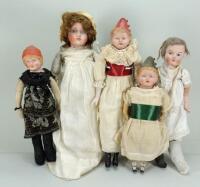 Five English bisque head dolls, 1915-20,