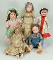 Five English bisque head dolls, 1915-20,