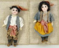 A pair of miniature bisque head dolls in original ‘Gypsy’ costume, German circa 1910,