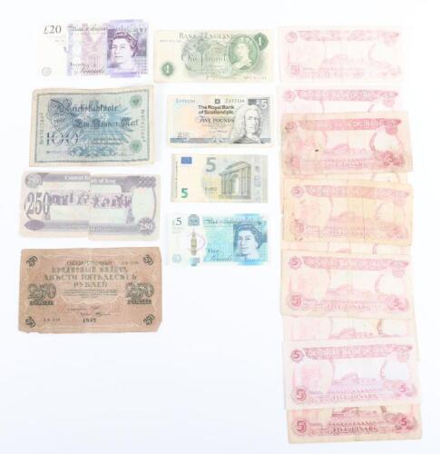Selection of banknotes, including RBS Five Pound, Bailey £20, Page £1
