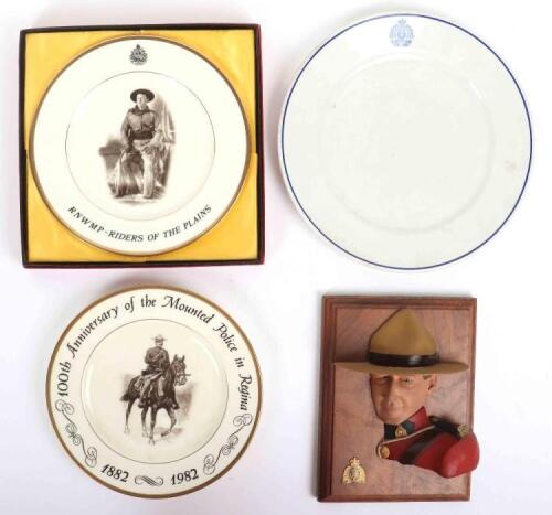 Two Noritake ‘100th Anniversary of the Mounted Police in Regina’ plates, a John Gautier Coronet Miniatures ‘Mountie’ plaque in original box,