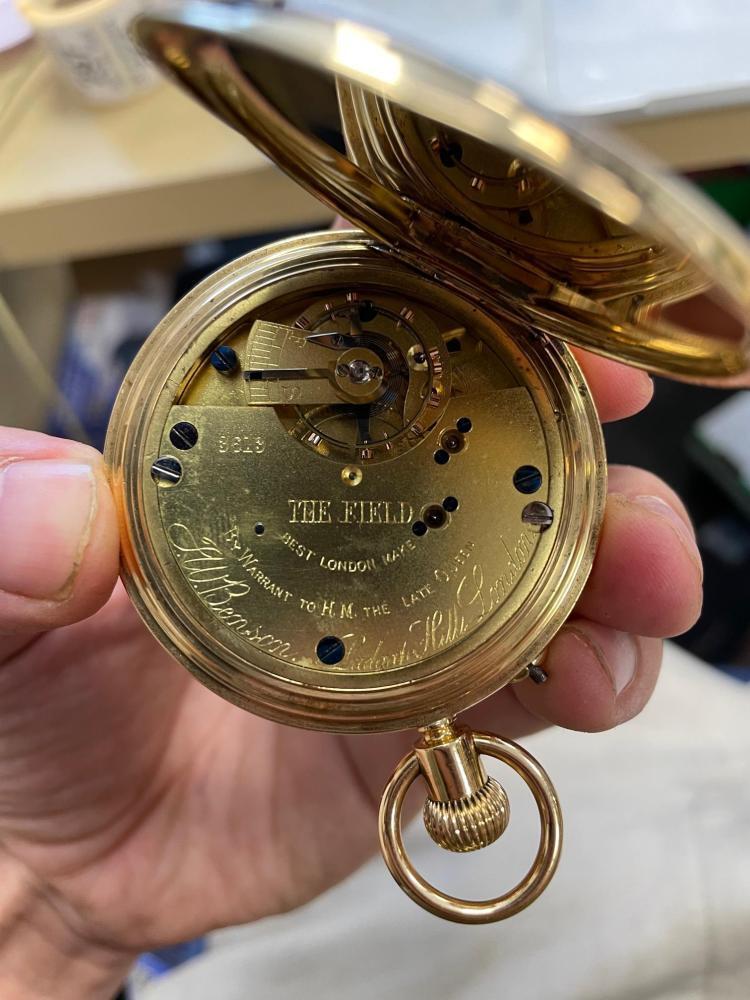 An 18ct gold full hunter pocket watch J W Benson London