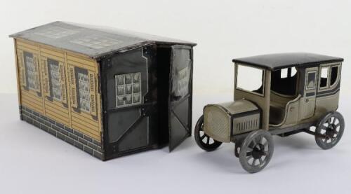 Bing tinplate clockwork car and garage, 1920s