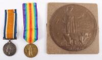 A First World War Pair of Medals & Memorial Plaque Awarded to a Private in the Coldstream Guards, Who Was Killed by a German Shell Just as he Returned to the British Trenches After a Successful Trench Raid