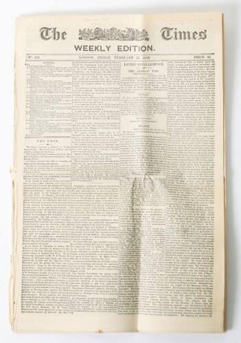 Edition of the Times Newspaper Weekly Edition on Friday 21st February 1879 with Details About the Battles of Isandlwana and Rorkes Drift