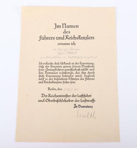 Third Reich Promotion Document Signed by Generalfeldmarschall Erhard Milch