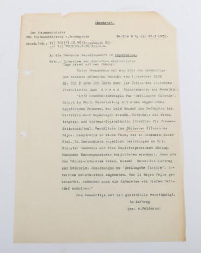 Interesting Third Reich Documents Relating to the Danish Journalist and Hollywood Gossip Columnist Ingra Arvad, Who Falsely Claimed to Have had Three Personal Meetings with Adolf Hitler and Who Also Entered into a Romantic Relationship with Future Preside