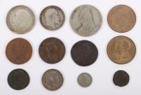 A selection of coins including 1902 Shilling, 1906 Florin, 1807 Halfpenny