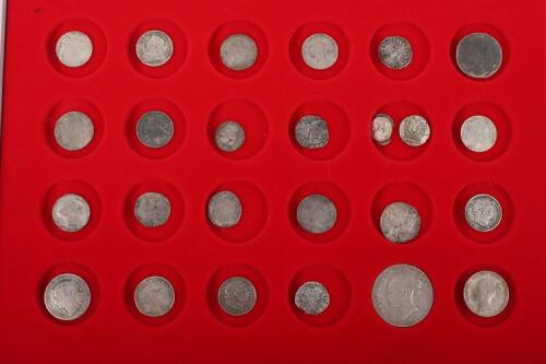 A tray of coins, hammered and milled from Medieval to James II to Edward VII