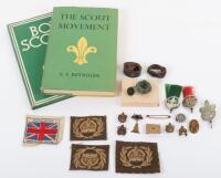 Boy Scouts items including two badges with red and green plume