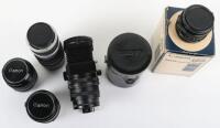 A selection of camera lenses including Elicar 7 Element Auto Tele Comvertor, Tamron Tele-Convertor, CFE Triplus Auto Extension Tube, Auto Makinon