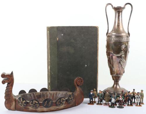 A mixed lot of items including a silver plated neo-classical converted lamp base by Walker & Hall, an album of matchbox cards