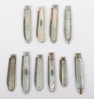 Ten Georgian silver and mother of pearl folding fruit knives