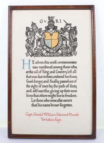 Great War Memorial Scroll to a Captain in the Yorkshire Regiment Who Died in India 1919
