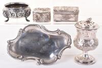 A Victorian sugar caster, London 1840, 9cm, with two silver boxes with chased decoration