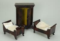 Rock and Graner Dolls House tinplate Wardrobe and Beds, German circa 1875,