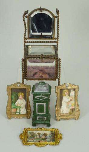 Three soft metal gilt framed miniature pictures,