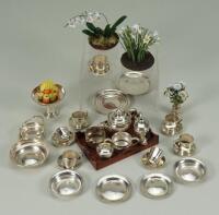Dolls house silver plate and flowers,