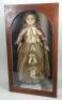 Large wax over composition shoulder head doll in original glazed case, English circa 1860, - 3