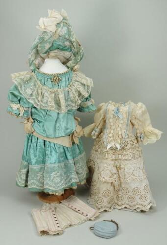 A good blue silk dolls dress and bonnet for French Bebe,