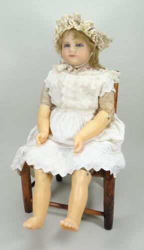 Large poured wax shoulder head doll, circa 1860,