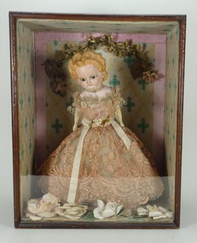 A wax over composition Pumpkin shoulder head doll in case, German 1860s,