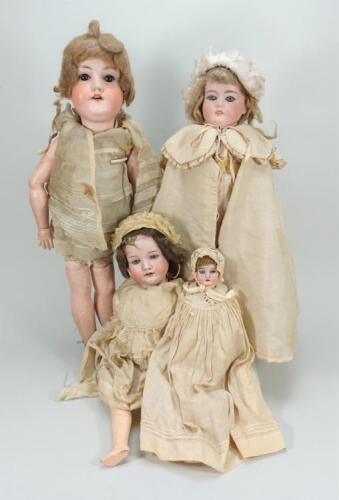 Four bisque head girl dolls, German circa 1915,